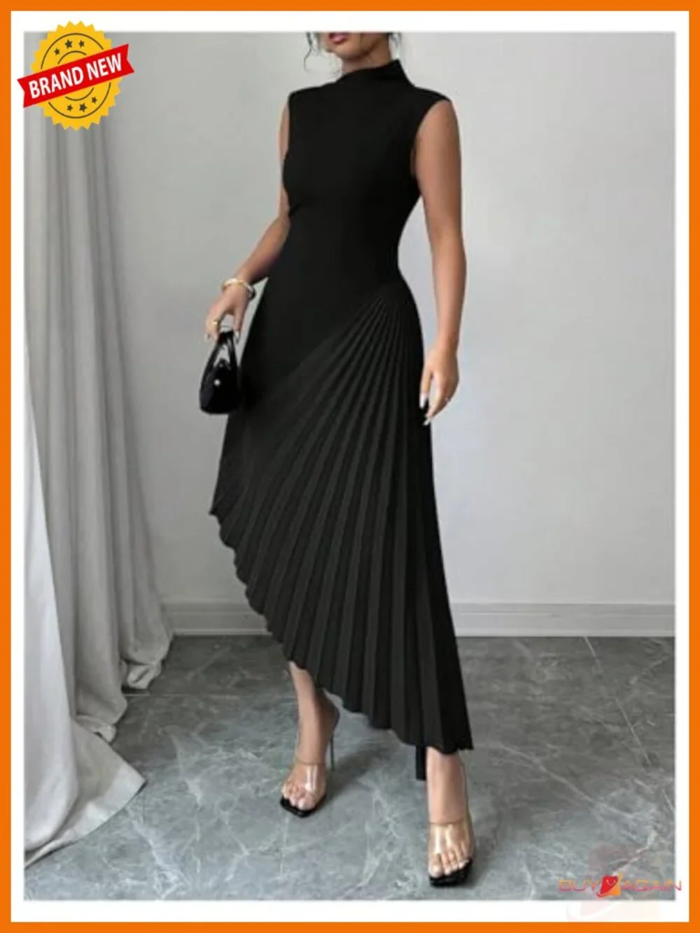 Pleated Maxi Dress Mock Neck Sleeveless Asymmetrical Cocktail
